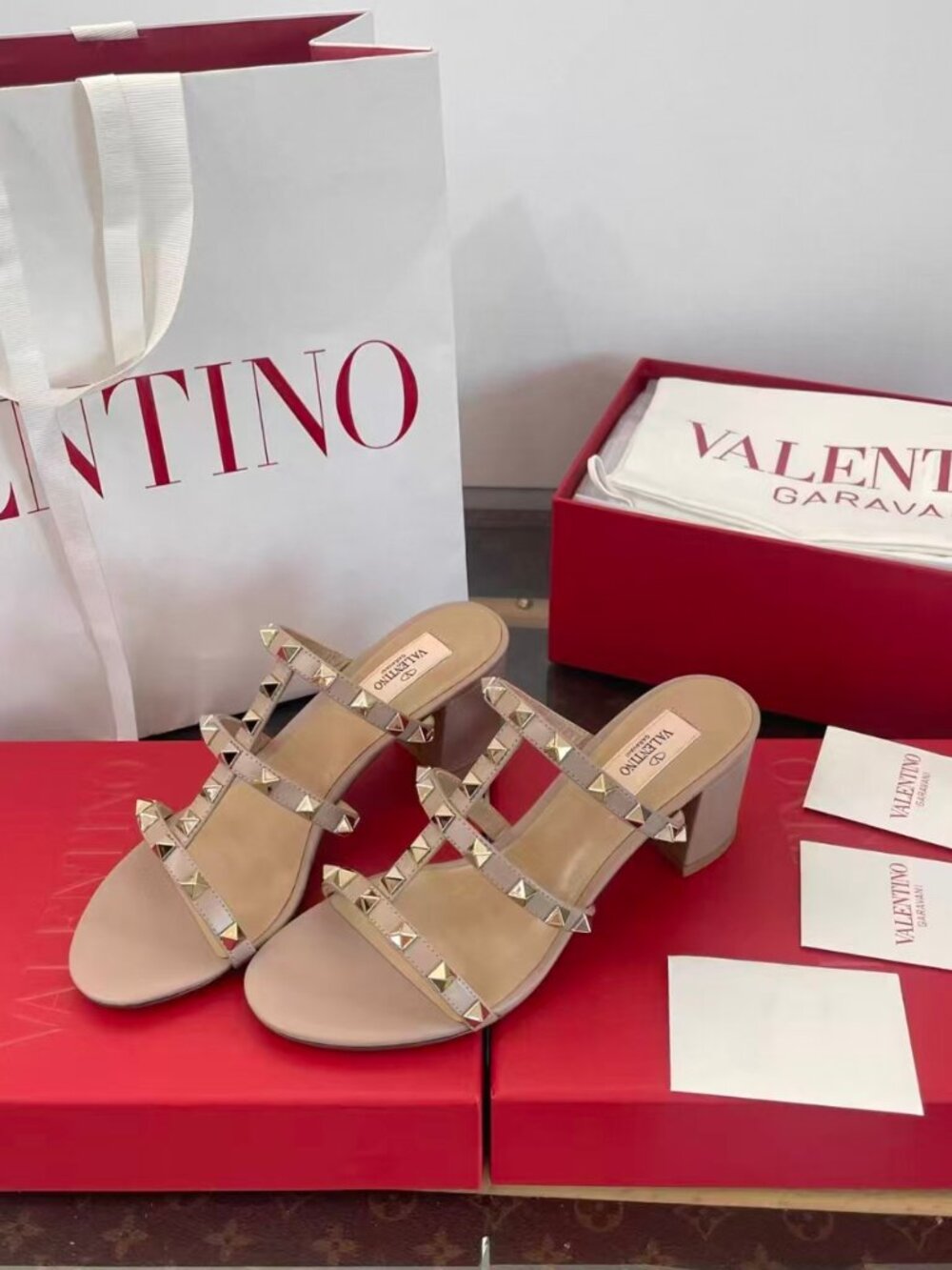 Valentino Garavani Rockstud Nude Triple Strap Block Heel Mules Women Leather Sli